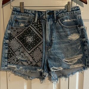Distressed Denim Women Shorts with Bandana Detail